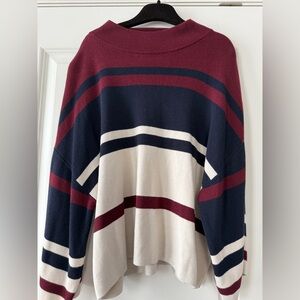 LOFT Burgundy and Navy Striped Turtleneck Sweater